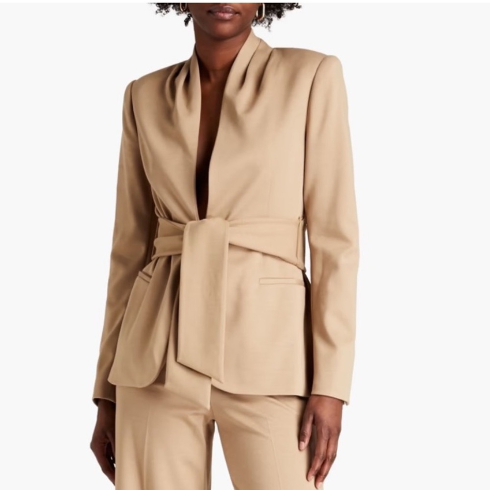 HALSTON Ana Knit Tie Belted Blazer Jacket Size XS Collarless Classic Coat
